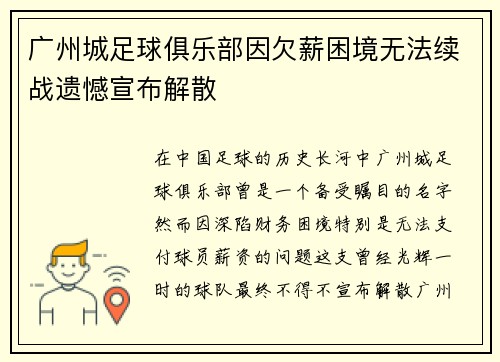 广州城足球俱乐部因欠薪困境无法续战遗憾宣布解散 广州城足球俱乐部因欠薪困境无法续战遗憾宣布解散